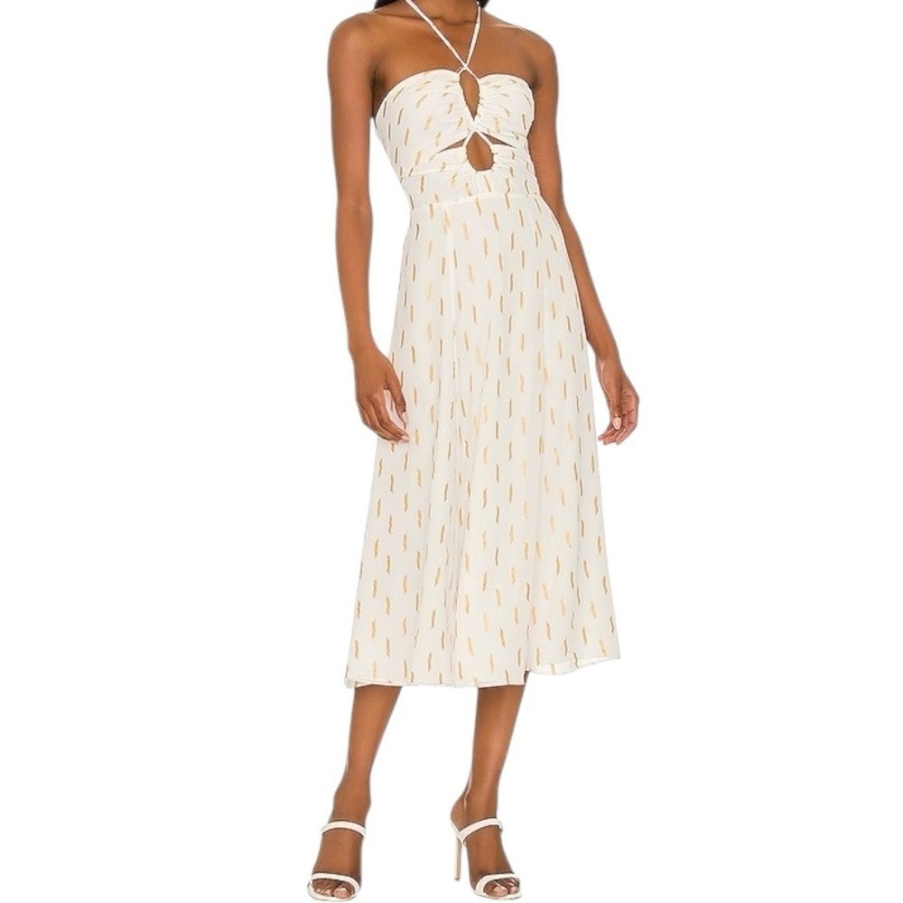 YUMI KIM Lani Dress in Dash Foil Ivory & Gold | Tie Neck Halter A-Line Midi | XS